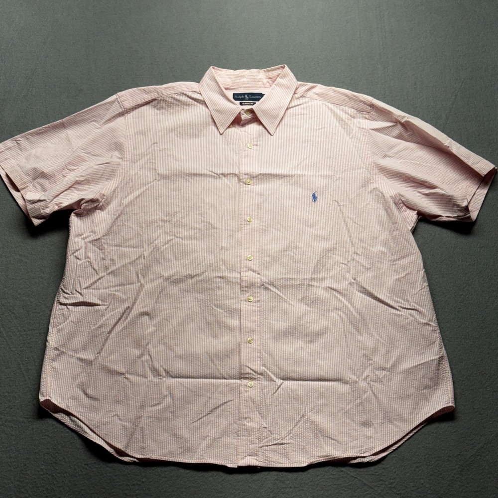 Ralph Lauren Seersucker Shirt Mens 2XB Big Pink White Stripe Classic Fit Pony